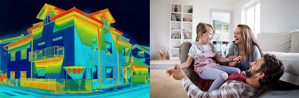 Thermografie eines Wohnhauses neben einer Familie im Wohnzimmer